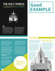 Three page spread of the The Holy Temple A Beacon of LIght article. This spread is clean, refined, and consistently designed. The layout it appealing and geared towards the target audience.